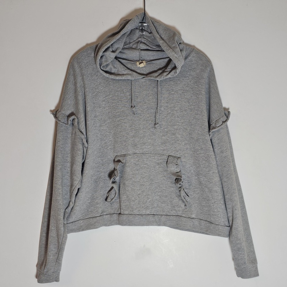 True Craft Hoodie Sweatshirt Womens Large Gray Ruffle Sleeve Pocket Pullover